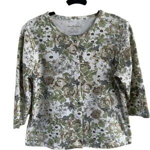 Allyson Whitmore Weekend Petite Small Floral Green and Gray Cardigan Lightweight